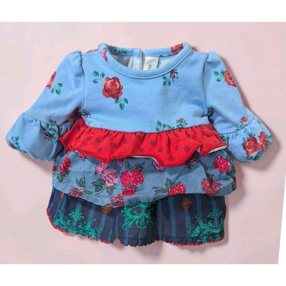 Matilda Jane Baby 18" Doll Dress Blue Red Rose Floral Tiered Ruffle Skirt Sleeve